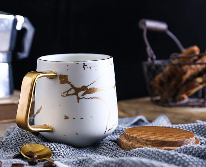 Eplze YBK Tech Porcelain Tea Cup Coffee Mug Set for Afternoon Tea - Marble Pattern (White, Tall 400ml + wood lid) - Image 3